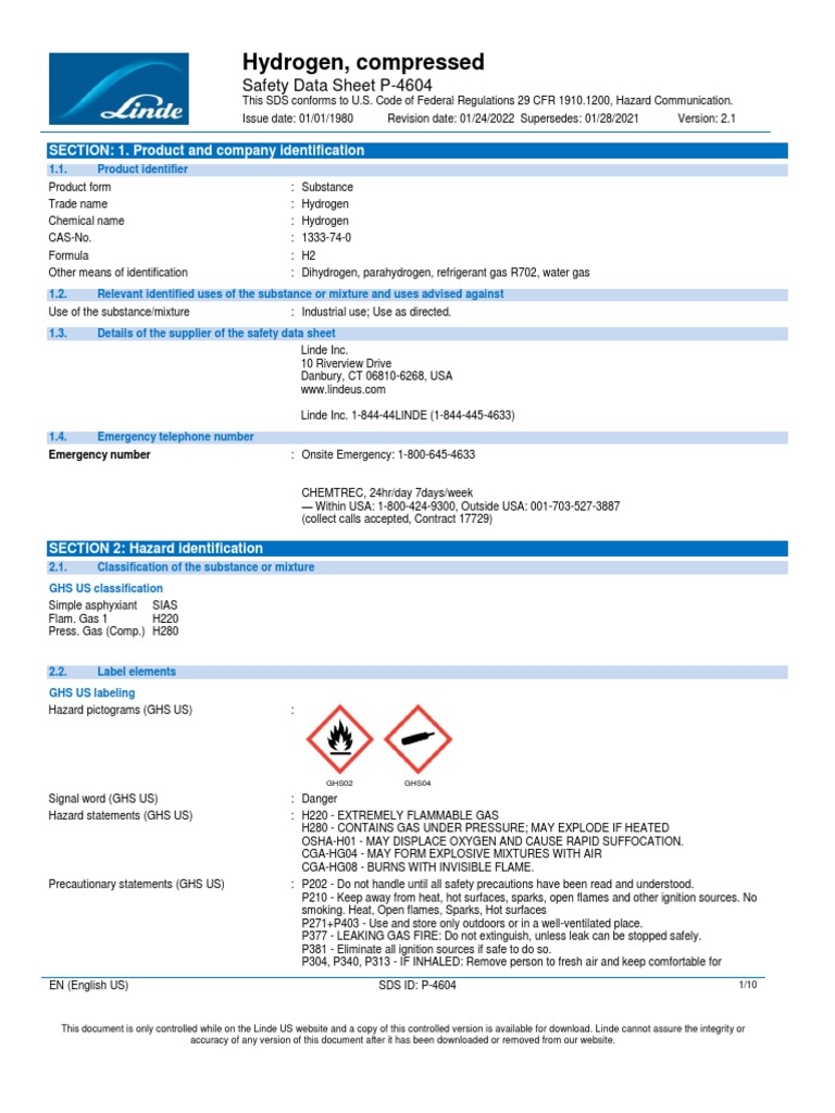 Hydrogen, Compressed Safety Data Sheet P4604 PDF Firefighting Fires
