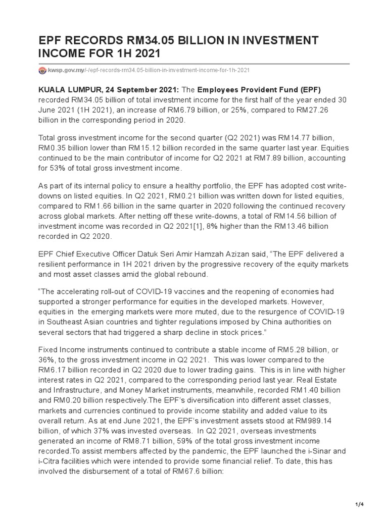 YYH (KWSP) EPF Records RM34.05 Billion in Investment For 1H