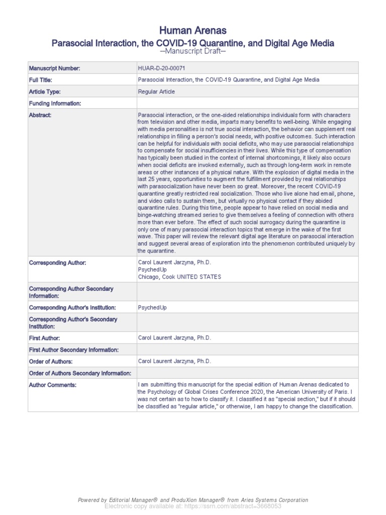 Parasocial Interaction, The COVID-19 Quarantine, and Digital Age Media ...