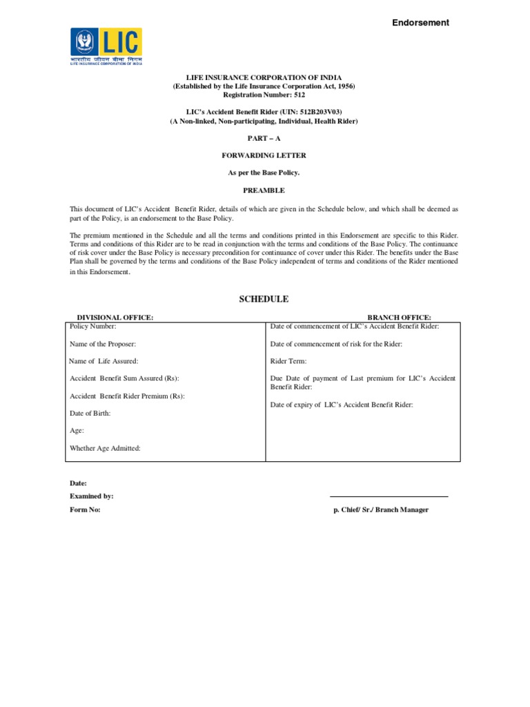 Overview of LIC's Accident Benefit Rider PDF Insurance Life Insurance
