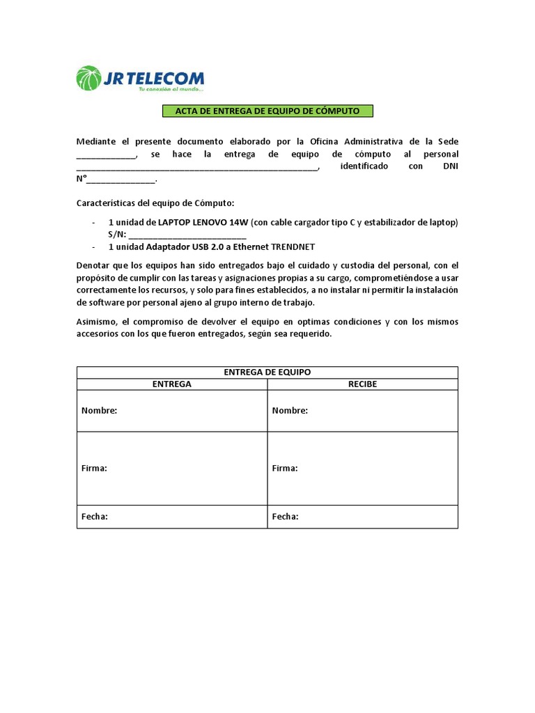 Acta de Entrega de Equipo de Cómputo | PDF | Finanzas y dinero ...