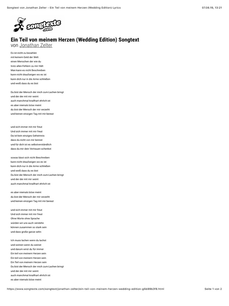 Songtext Von Jonathan Zelter Ein Teil Von Meinem Herzen (Wedding