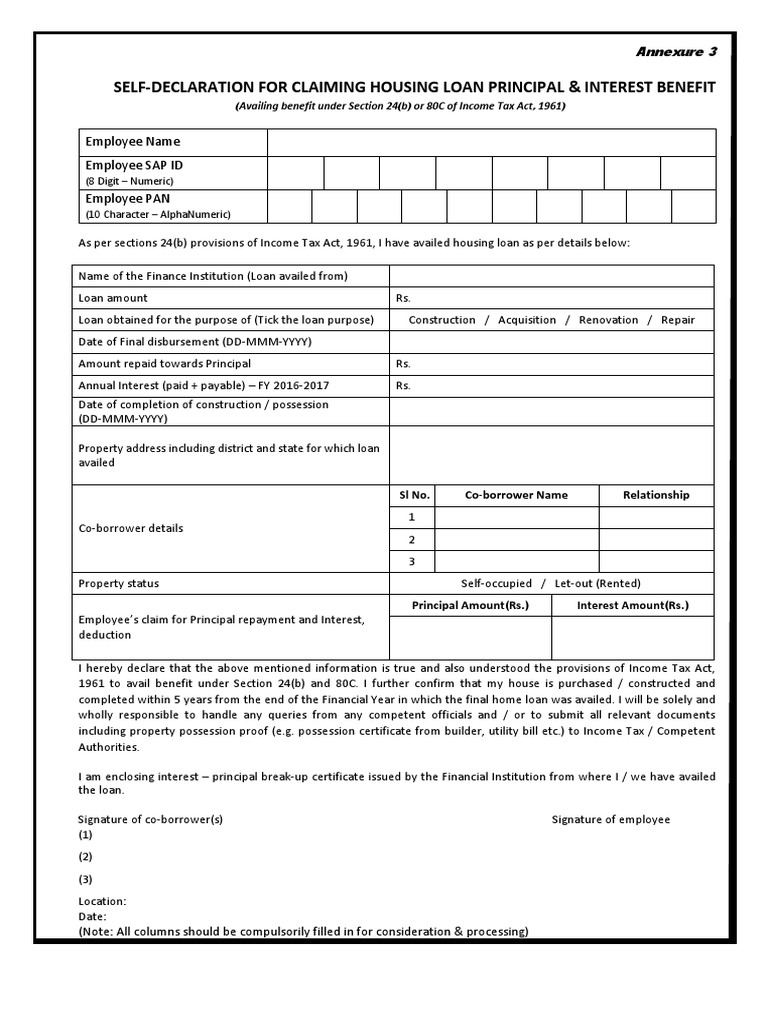 Self-Declaration For Claiming Housing Loan Principal & Interest Benefit ...