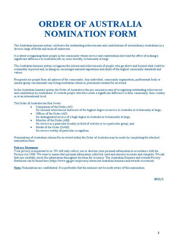 Order of Australia Nomination Form RTF Version V20211 PDF Privacy