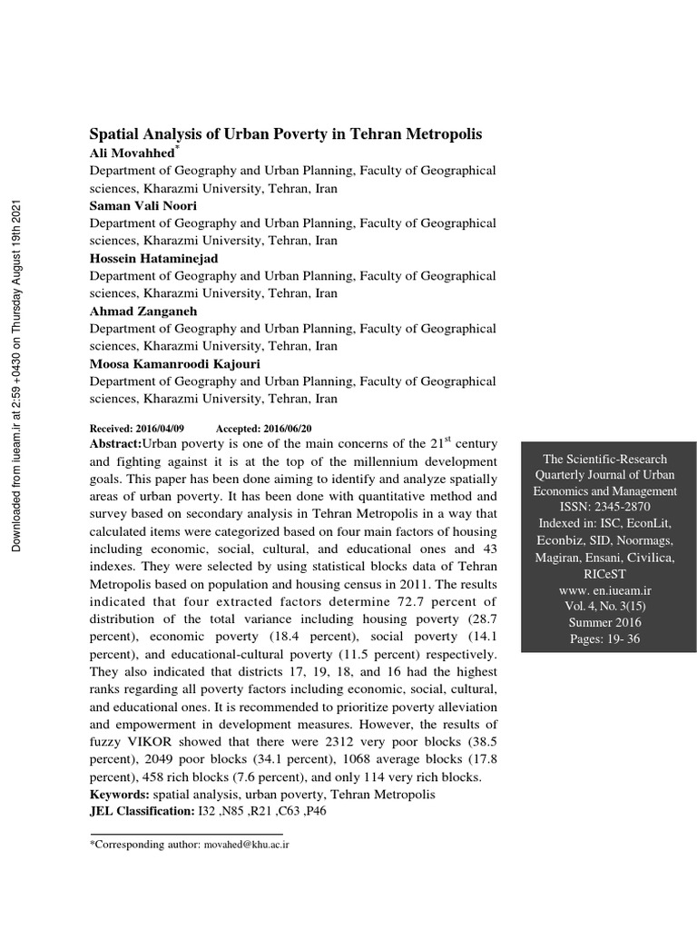 Spatial Analysis of Urban Poverty in Tehran Metropolis | PDF | Poverty ...