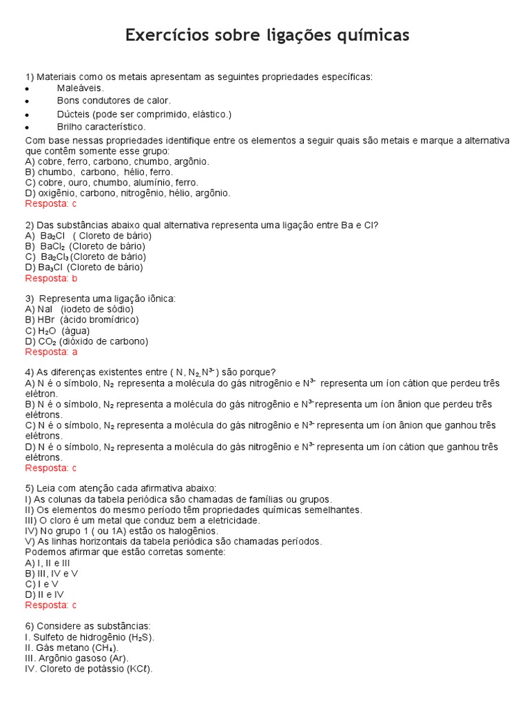 Exercícios sobre Ligações Químicas | PDF | Ligação química | Ligação iônica