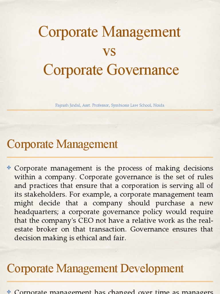 Corporate Management Vs Corporate Governance Rajnish Jindal, Asst
