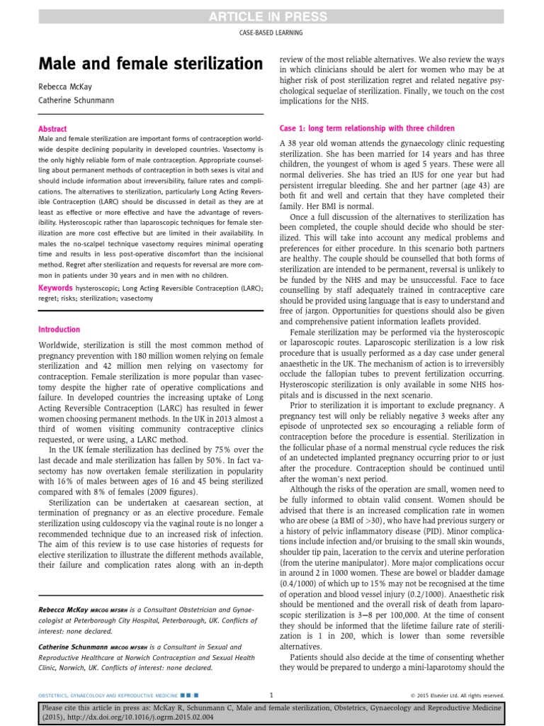 Case Studies in Male and Female Sterilization Evaluating Procedures, Counseling Considerations