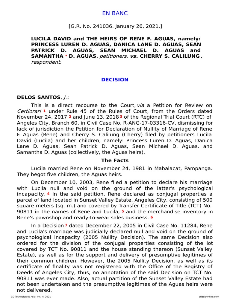 Nullity of Marriage Case: Aguas vs. Calilung | PDF | Annulment ...