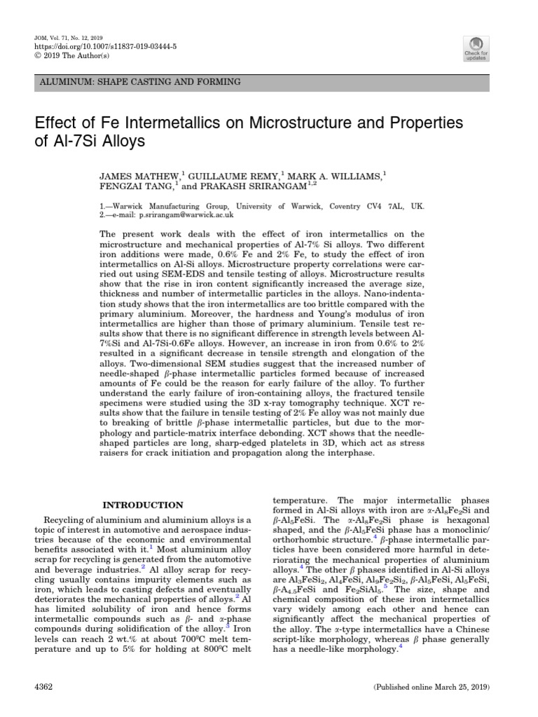 Effect of Fe Intermetallics On Microstructure and Properties of Al-7Si ...