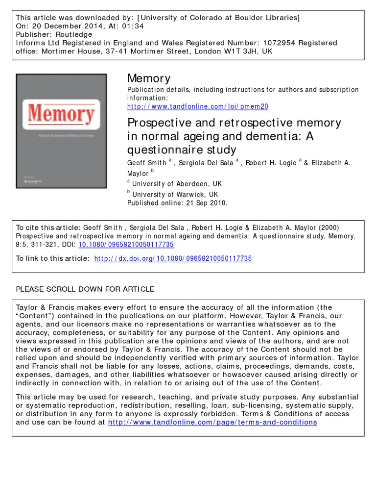 Memory: To Cite This Article: Geoff Smith, Sergiola Del Sala, Robert H ...