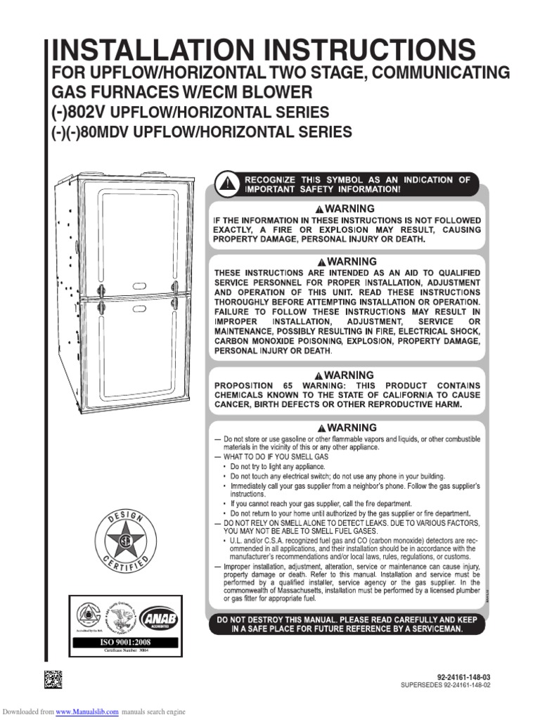 Installation Instructions For Upflow/Horizontal Two Stage