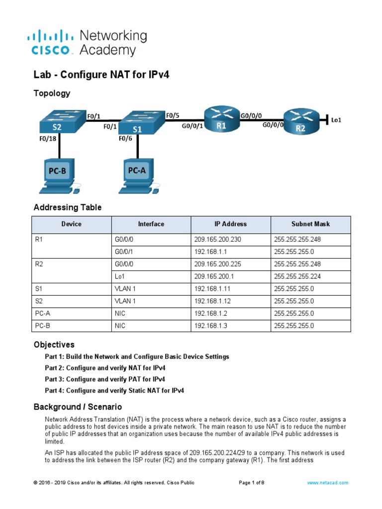 Configure NAT for IPv4 Lab Guide | PDF | Ip Address | Network Switch
