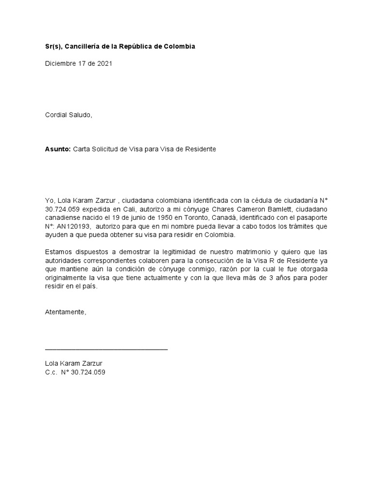 Carta Solicitud Conyuge Cancilleria | PDF