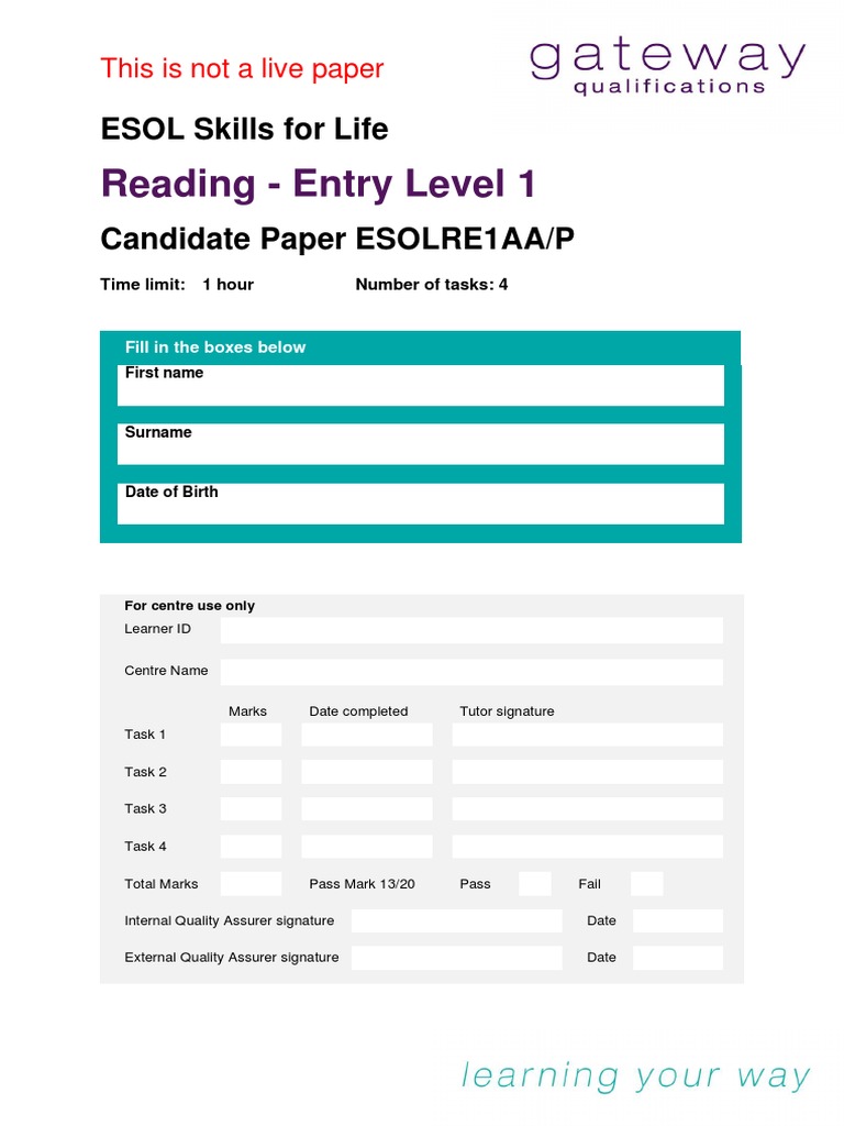 ESOL Reading E1 Candidate Paper Sample 1 | PDF | English As A Second Or ...