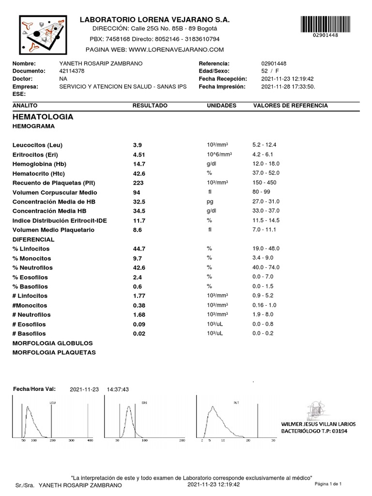Hematologia Laboratorio Lorena Vejarano S.A PDF Medicina CLINICA