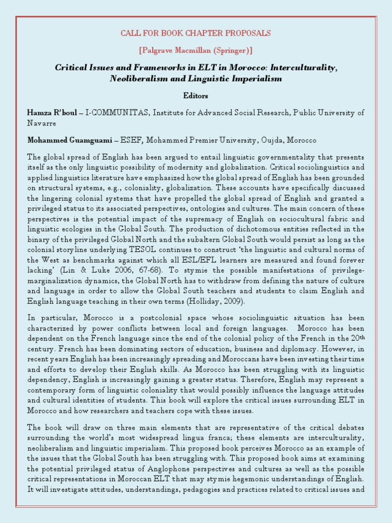Call for Book Chapters on ELT in Morocco | PDF | English As A Second Or ...