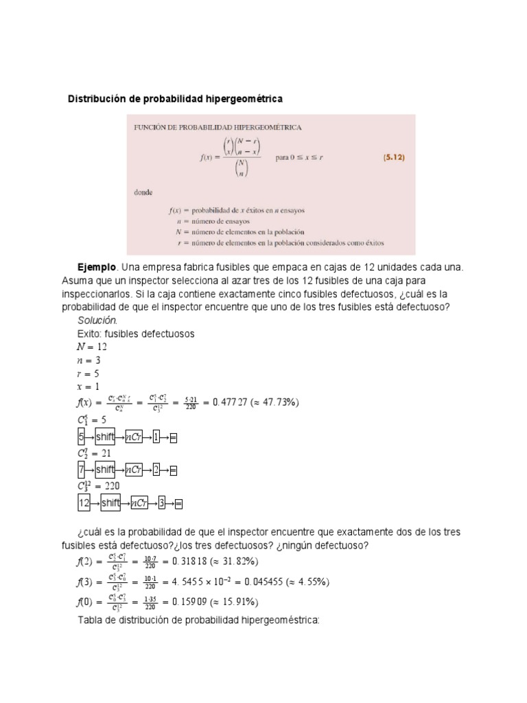 Probabilidad Hipergeométrica: Ejemplos y Cálculos | PDF | Teoría de ...