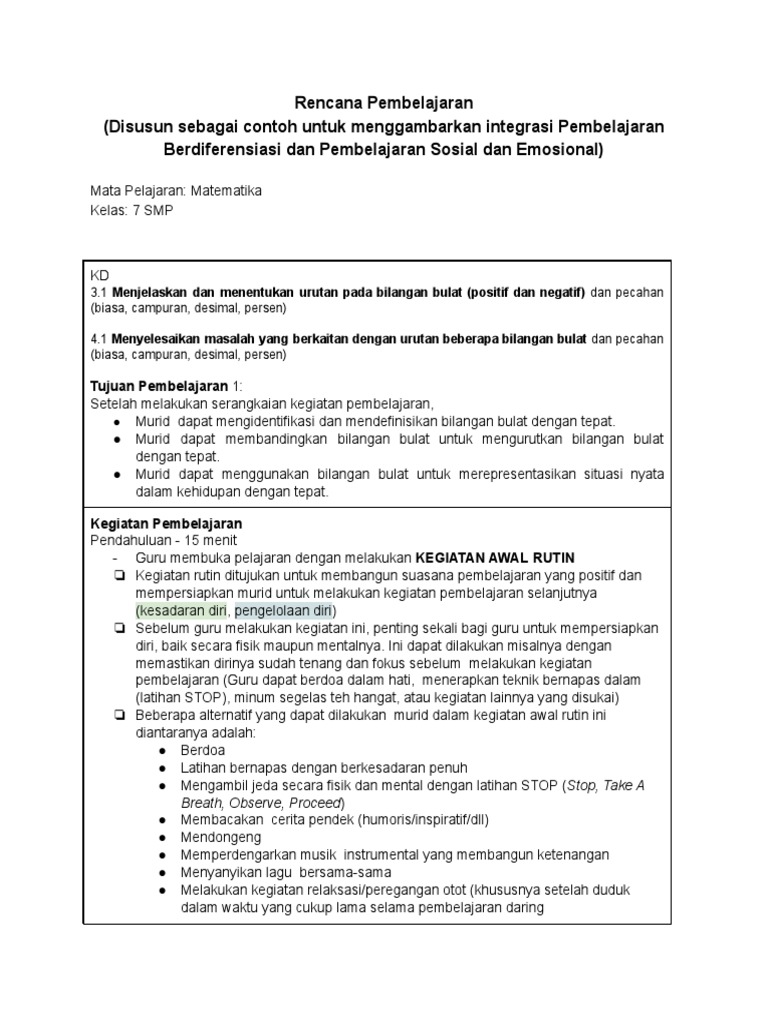 Contoh RPP Integrasi Pembelajaran Berdiferensiasi & Sosial-Emosional ...