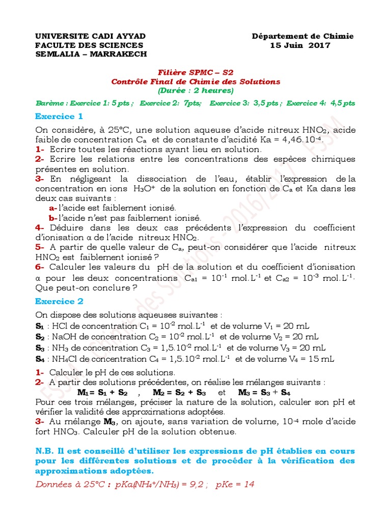 Contrôle de Chimie des Solutions SPMC S2 | PDF | Ph | Acide