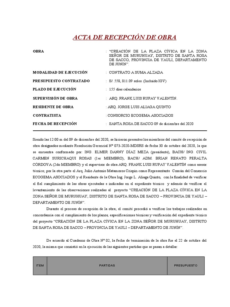 Acta de Entrega y Recepción de Obra Muruhuay | PDF | Hormigón ...