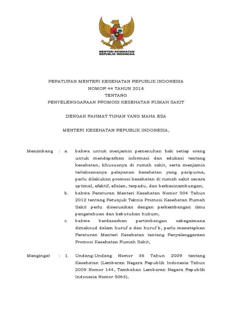 PMK No. 44 TH 2018 TTG Penyelenggaraan Promosi Kesehatan Rumah Sakit