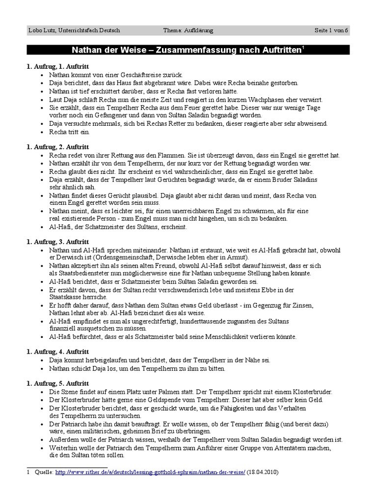  Nathan Der Weise Zusammenfassung Nach Auftritten 1 