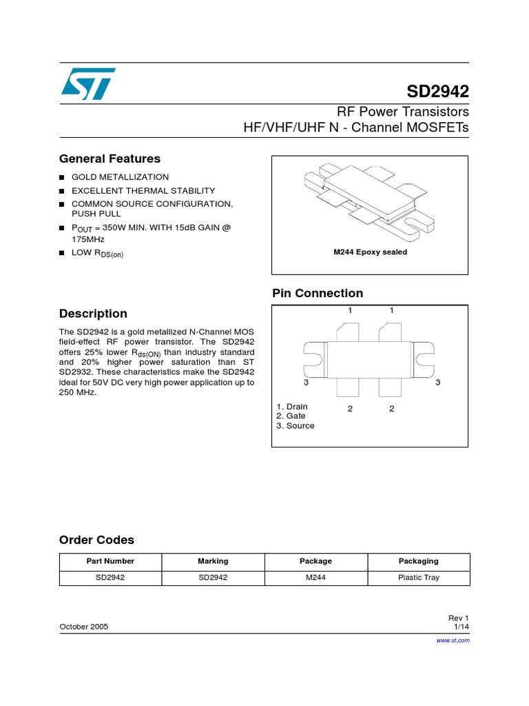RF Power Transistors Hf/Vhf/Uhf N Channel Mosfets General Features