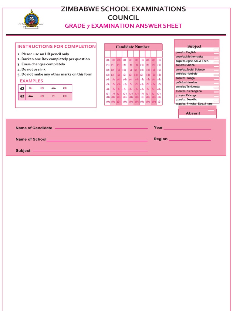 Grade 7 Scanner Sheet Vector (Incl Candidate Number) PDF