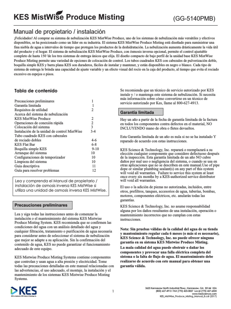 KES MistWise Produce Misting Manual (Spanish) PDF Agua Tubería (transporte de fluidos)