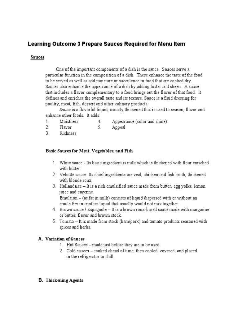 Learning 3 Prepare Sauces Required For Menu Item PDF Starch