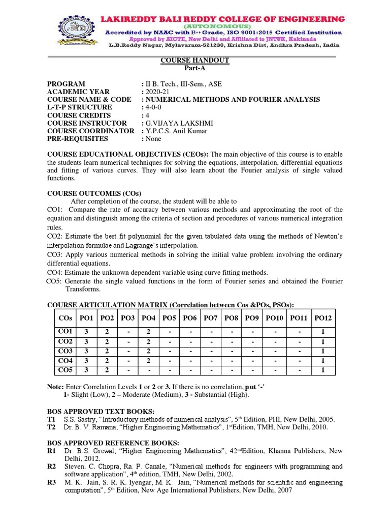 Numerical Methods Course Overview | PDF | Fourier Series | Engineering