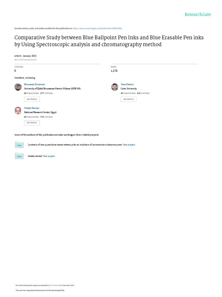 Comparative Study Between Blue Ballpoint Pen Inks and Blue Erasable Pen