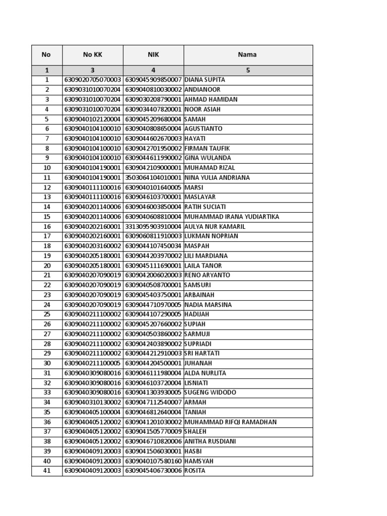Document listing identification numbers, names and other details of
