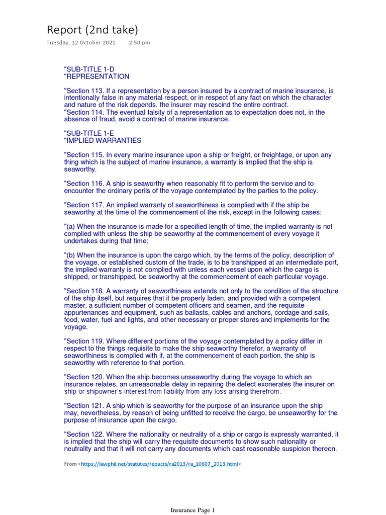 INSURANCE CODAL Implied Warranties in Marine Insurance PDF Freight Transport Law Of