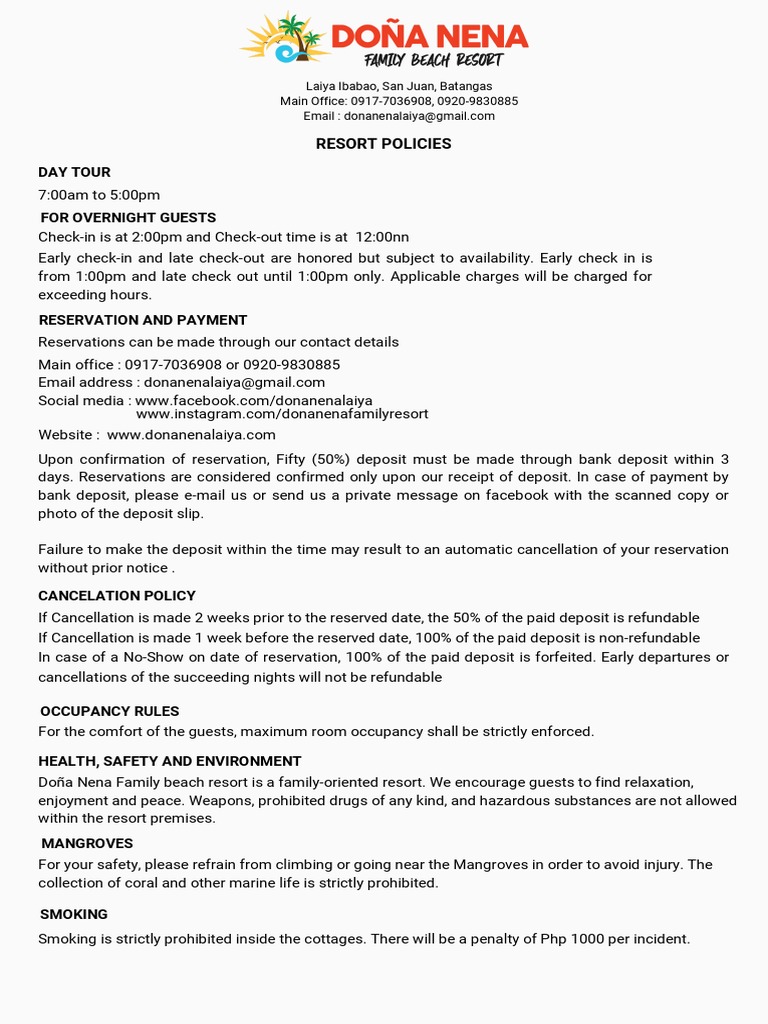 Resort Policies Day Tour For Overnight Guests PDF