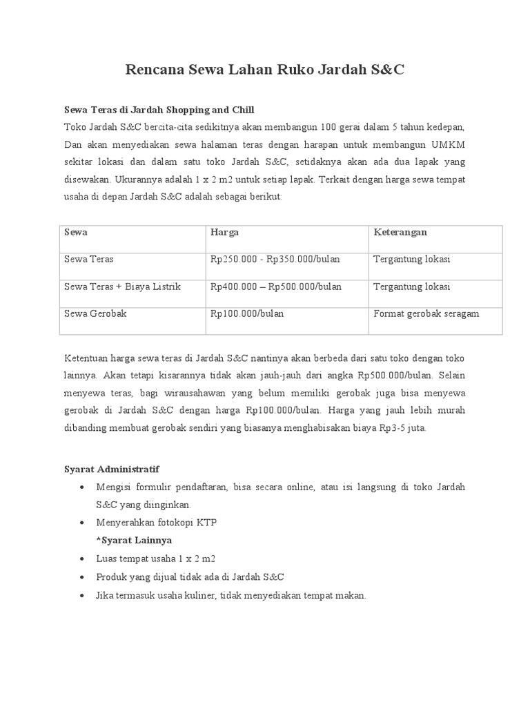 Rencana Sewa Lahan Ruko Jardah S&C | PDF