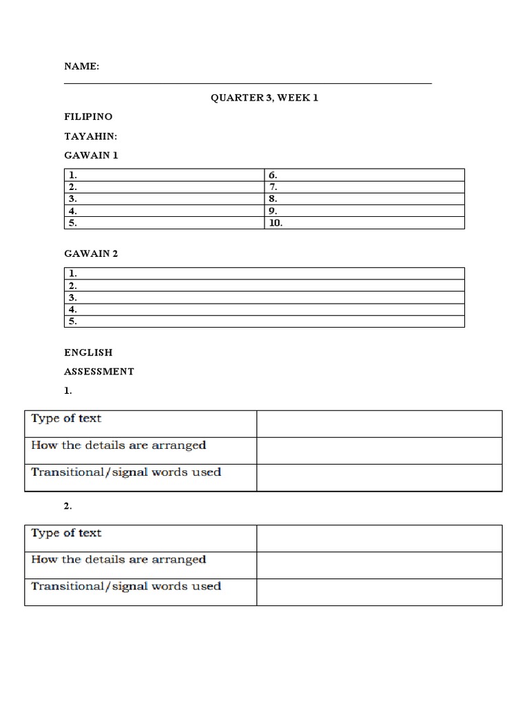 Q3, W1, Answer Sheet | PDF