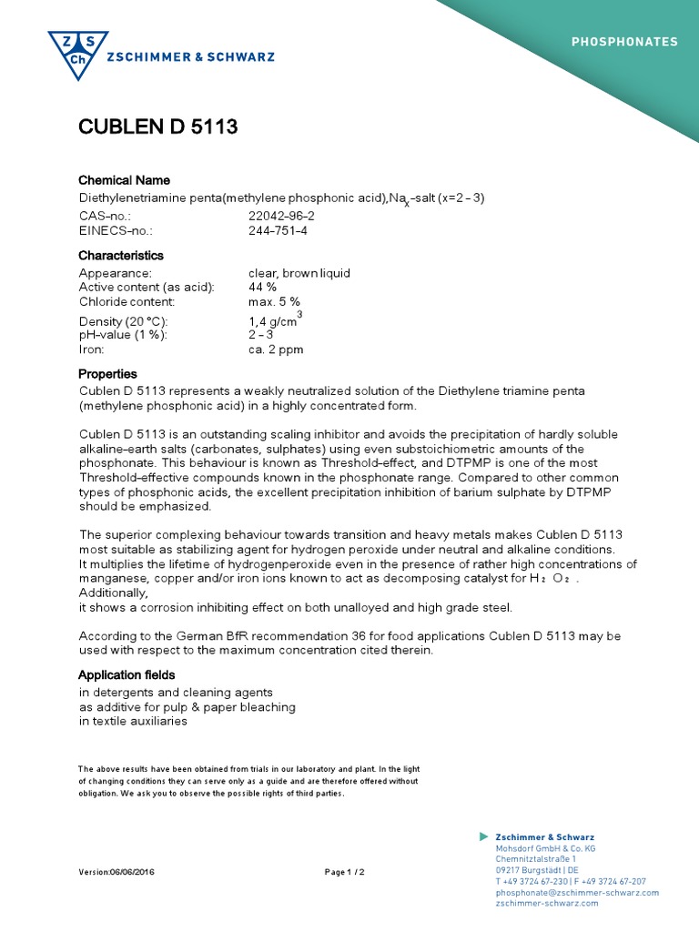 Cublen D 5113: Phosphonates | PDF | Precipitation (Chemistry) | Sulfate
