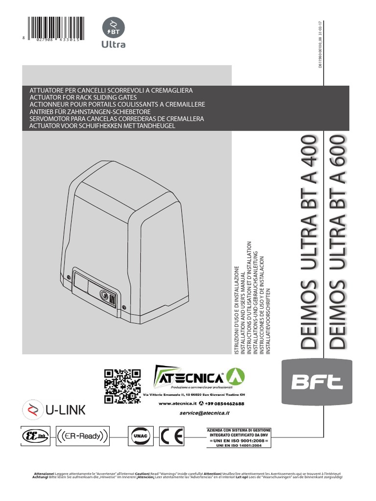 Ist BFT Deimos Ultra BT A400 A600 24v Manuale Istruzioni Montaggio — free download