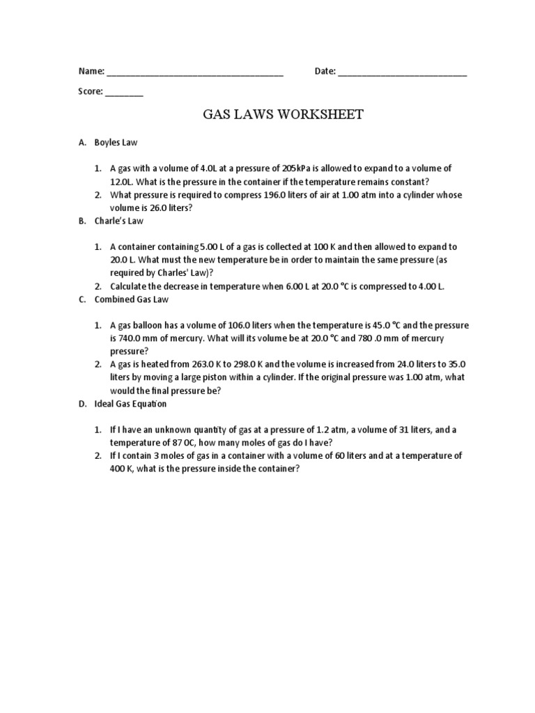 Gas Laws Worksheet PDF