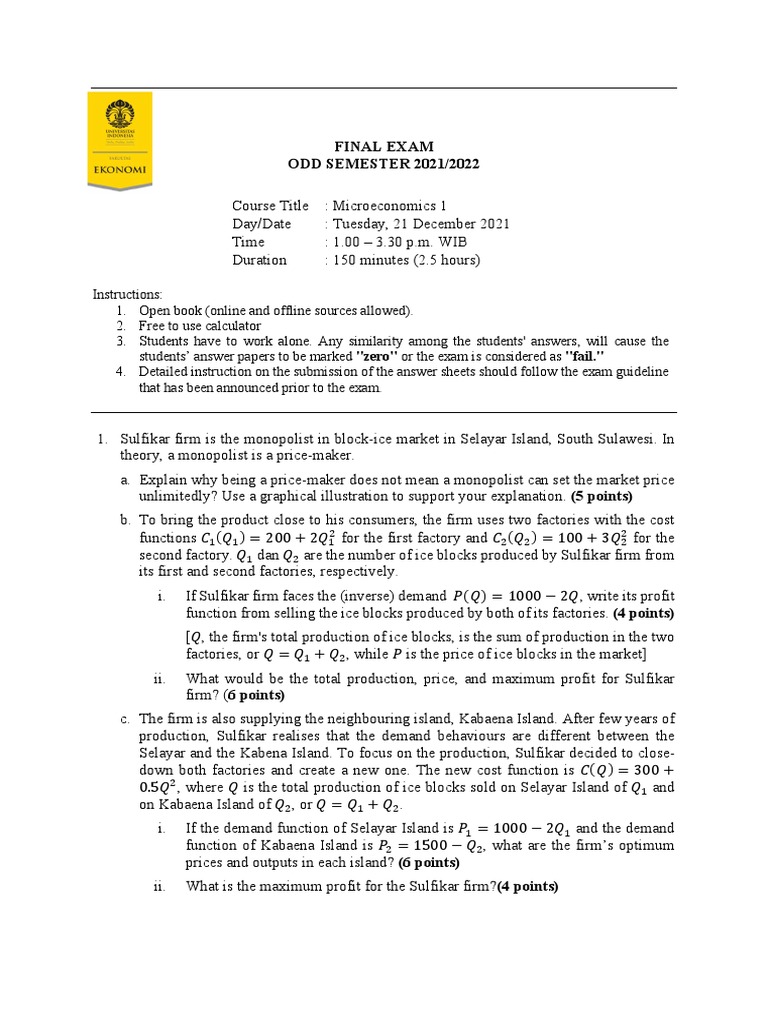 Final Exam Microeconomics 1, Odd202122 PDF Labour Economics Economics