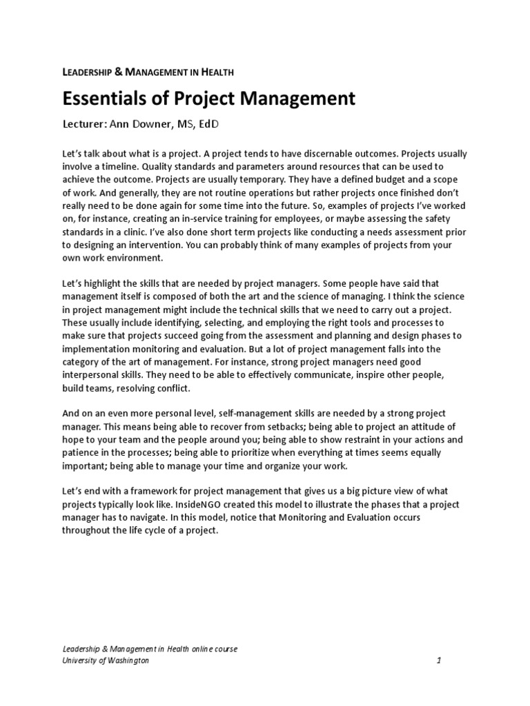 Essentials of Project Management: Lecturer: Ann Downer, MS, Edd | PDF ...