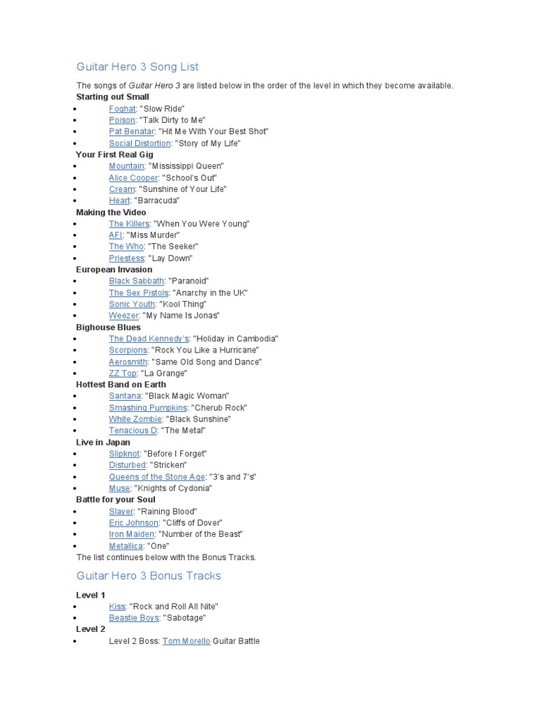 Guitar Hero 3 Song List | PDF | Rock Music | Artists