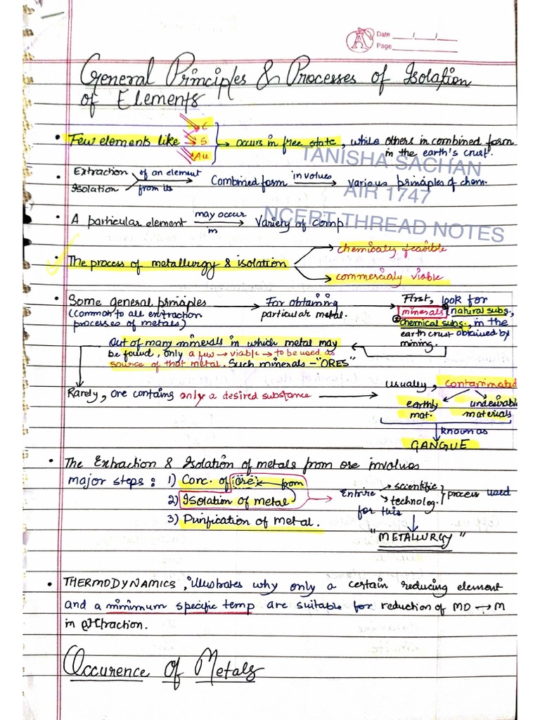 Metallurgy NCERT THREAD NOTES | PDF