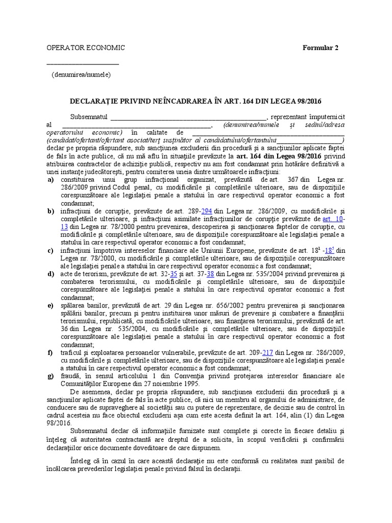 Declaratie Privind Neincadrarea in Art 164 Din Legea 98 PDF