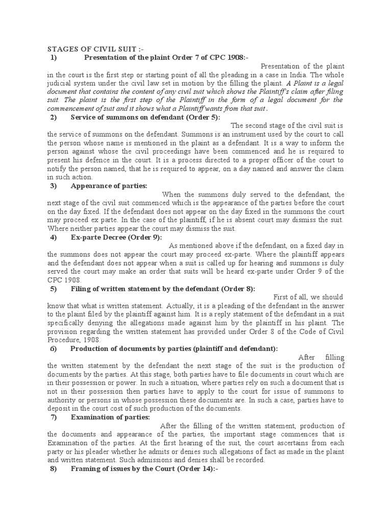 The Fourteen Stages of a Civil Suit From Filing the Plaint to