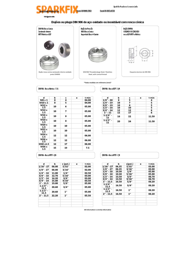 DIN 906 Bujão Sextavado Interno Rosca Conica Sem Cabeça - Sparkfix | PDF