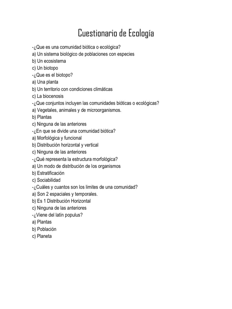 Cuestionario de Ecología y Ecosistemas | PDF | Ecología | Entorno natural