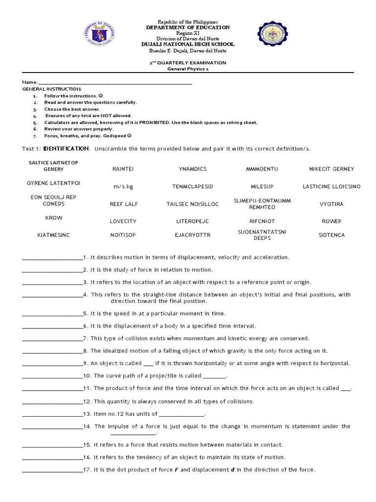 General Physics 1 2nd Quarter Exam | PDF | Force | Momentum